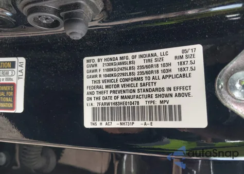 2017 Honda Cr-V Ex-L/Ex-L Navi from USA, damaged, VIN 7FARW1H83HE010478